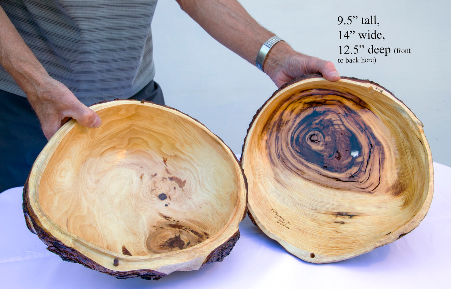 Large rustic covered cover wood wooden bowl brown golden gold bark live edge legs irregular, 9.5 x 14 x 12.5’’ handmade Robert C Paulson Jr, 224-A