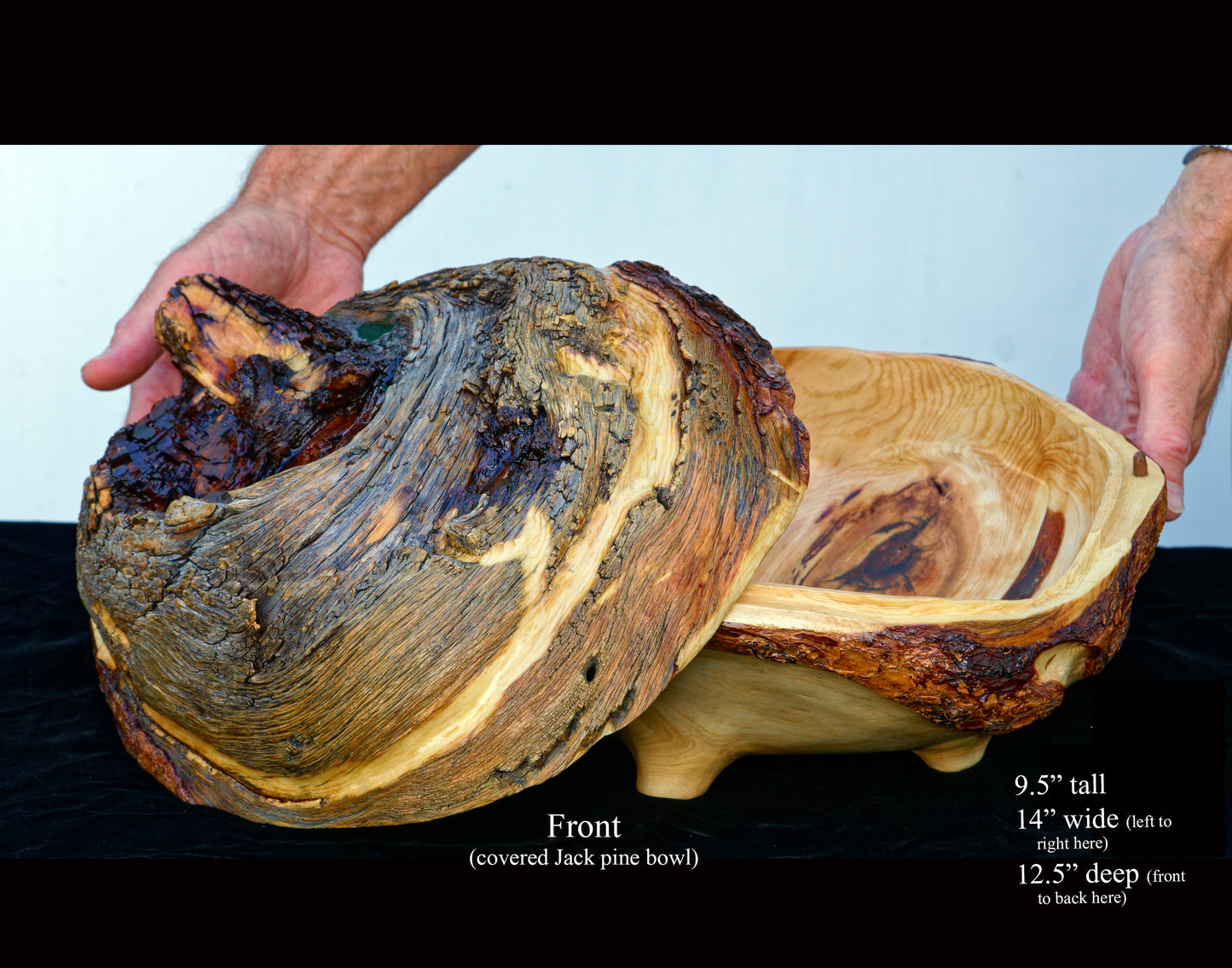 Large rustic covered cover wood wooden bowl brown golden gold bark live edge legs irregular, 9.5 x 14 x 12.5’’ handmade Robert C Paulson Jr, 224-A