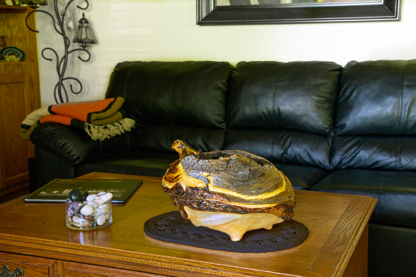 Large rustic covered cover wood wooden bowl brown golden gold bark live edge legs irregular, 9.5 x 14 x 12.5’’ handmade Robert C Paulson Jr, 224-A