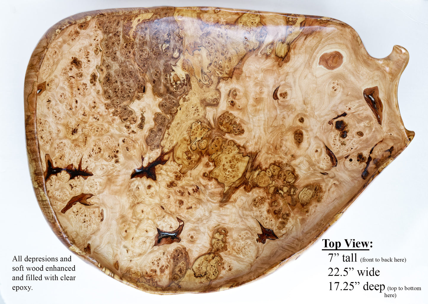 Fancy and irregular 22.5” long maple platter-like bowl sculpted from spalted maple. It has twisted and figured burl patterns, bird's-eye patterns, and rich colors of tan, brown, and gold with a hint of red, 215-A