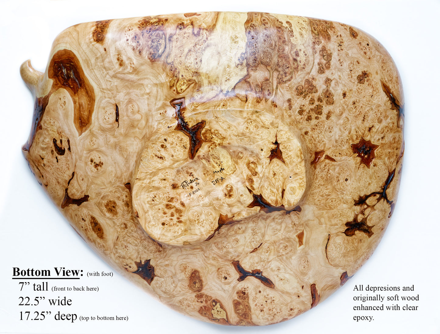 Fancy and irregular 22.5” long maple platter-like bowl sculpted from spalted maple. It has twisted and figured burl patterns, bird's-eye patterns, and rich colors of tan, brown, and gold with a hint of red, 215-A