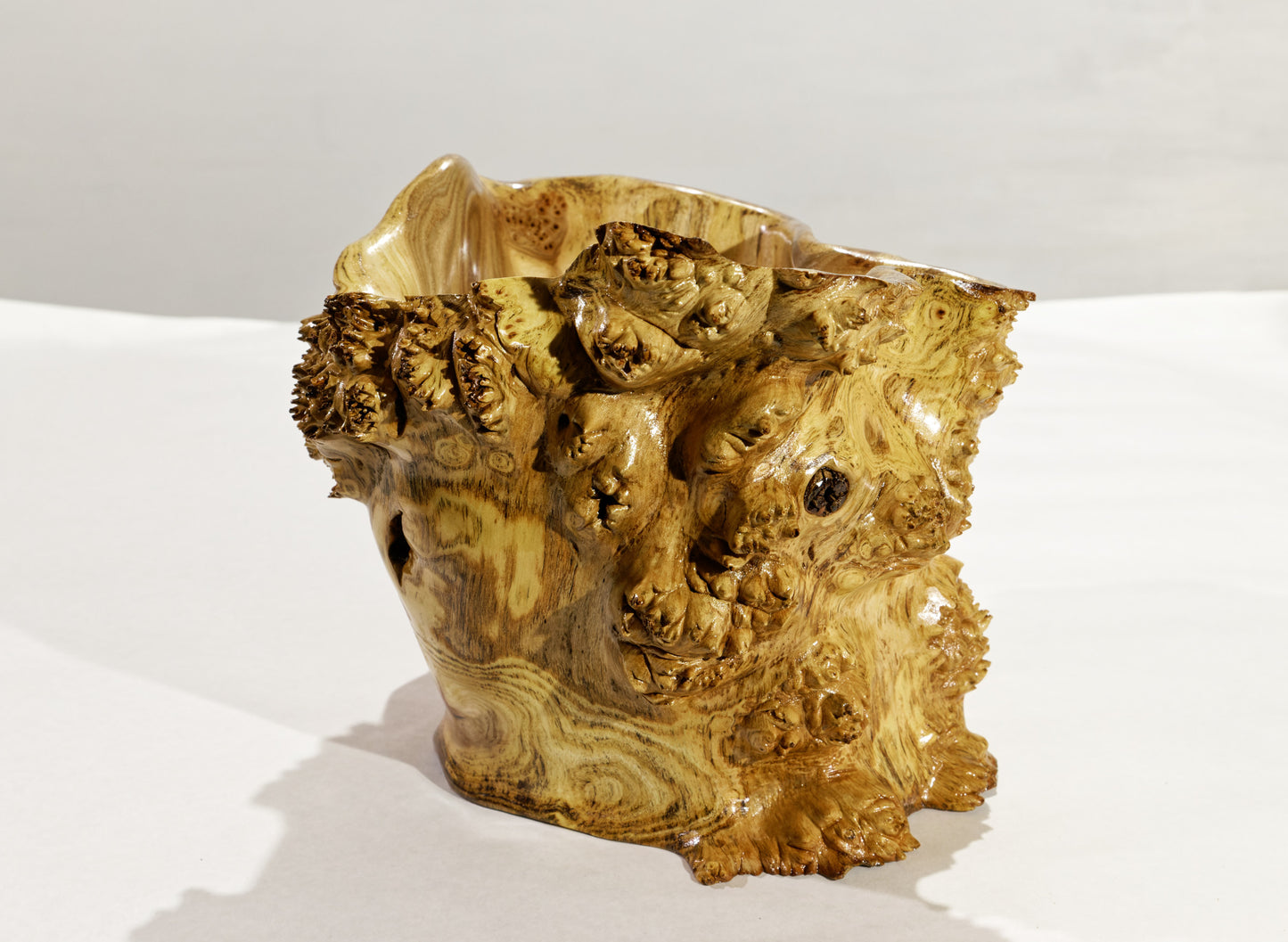 prickly bowl, irregular burl wood bowl sculpture golden brown, spines thorns, 12.5" tall x 12" wide x 10" deep, rich grain and burl patterns, 100% unique, 312-H