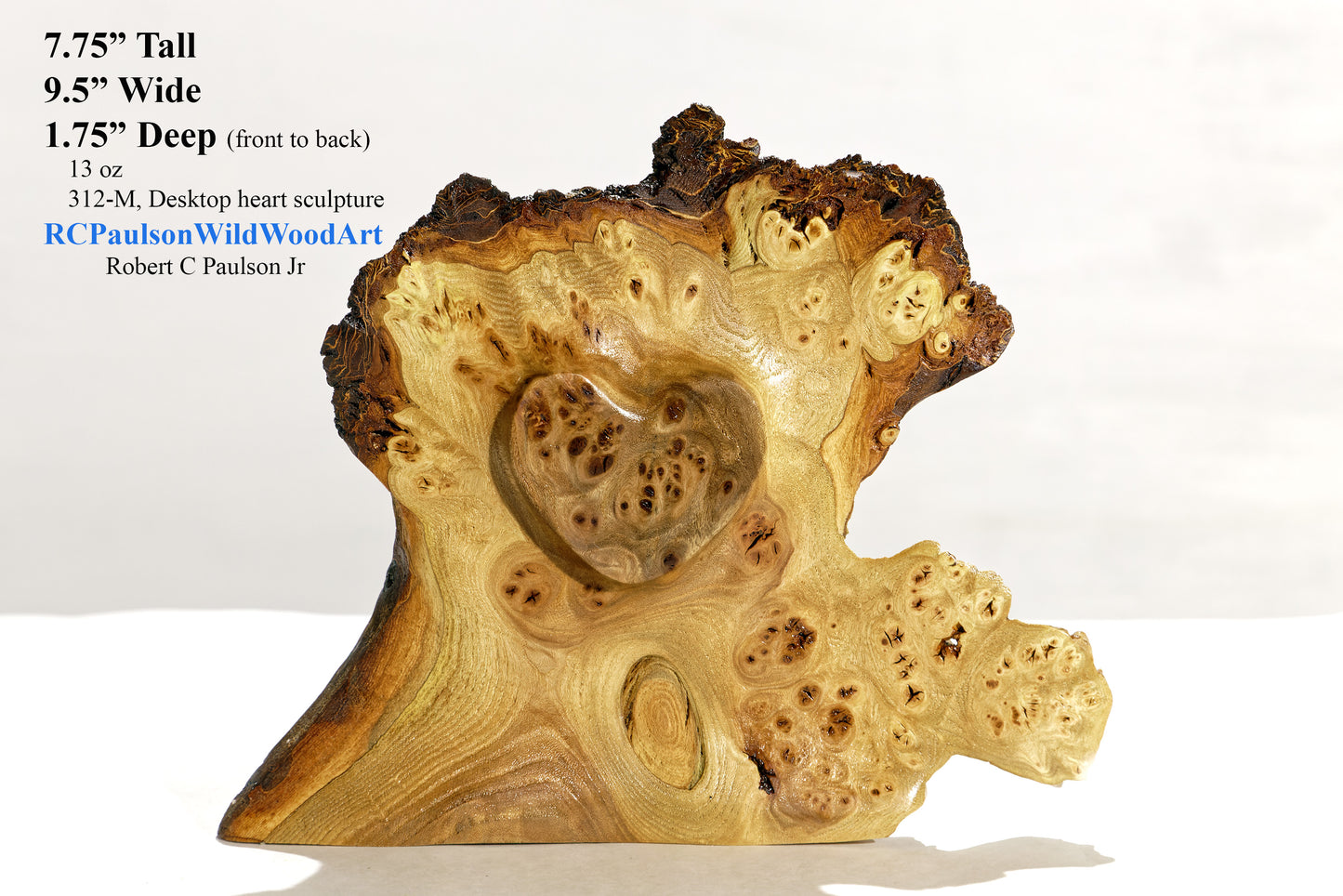 heart sculpture 9 inch, wood heart, desktop tabletop sculpture, live edge bark, 7.75" tall x 9.5 x 1.75, Wabi Sabi, figured wood, 312-M,