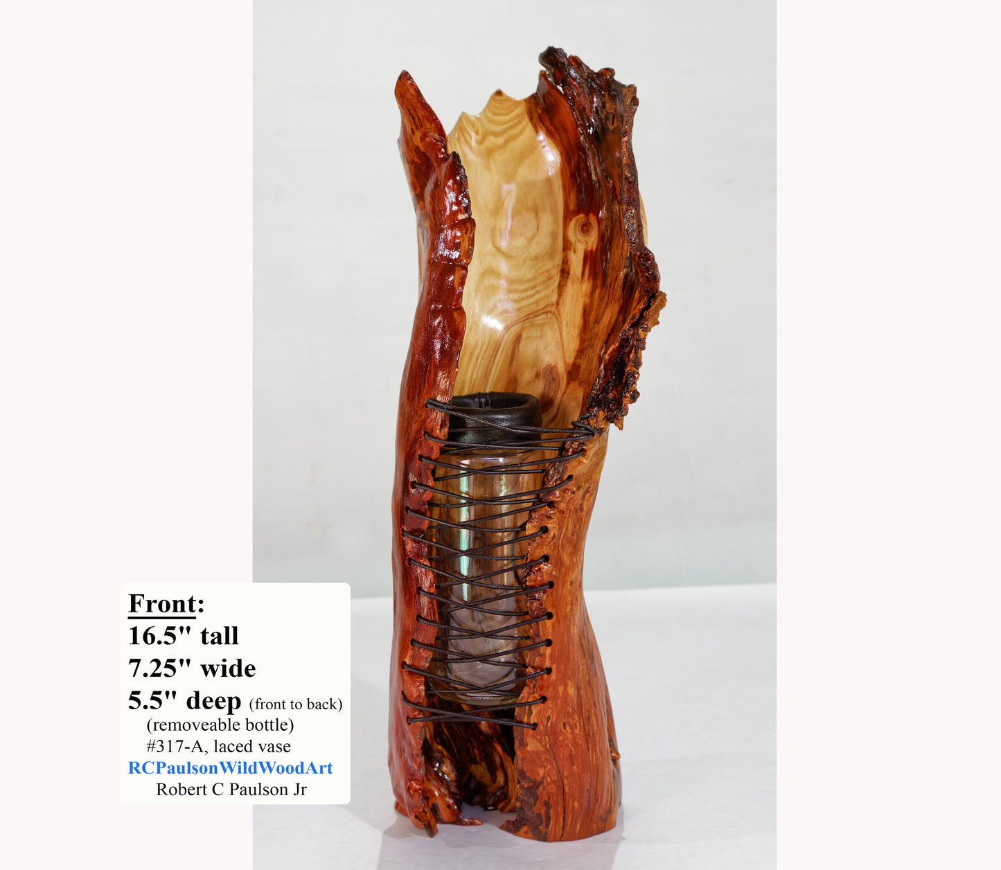 Red unique wood vase, artistic one-of-a-kind maroon wood vase sculpture, rustic modern irregular vase, natural wood vase, 16.5” tall, 317-A