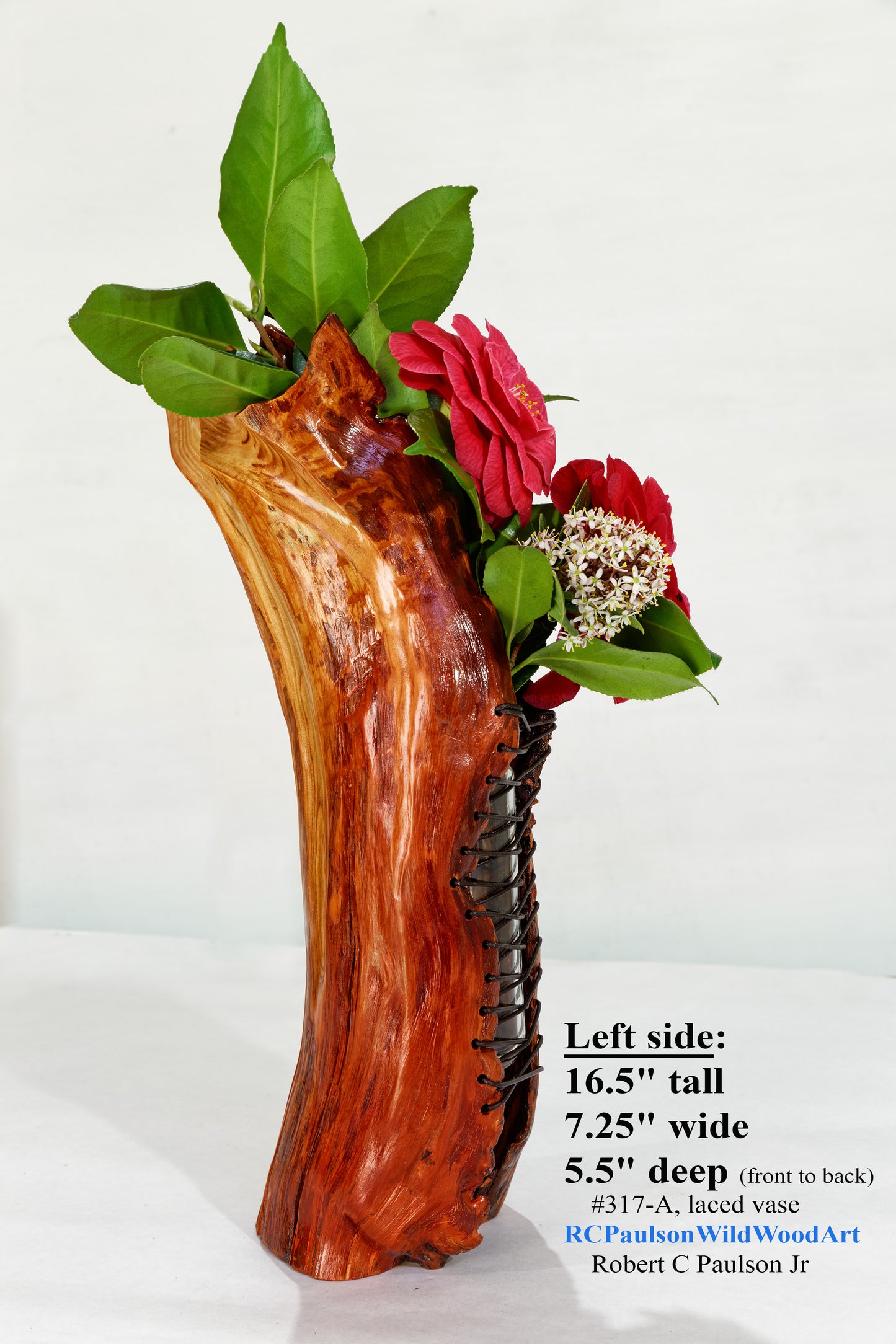 Red unique wood vase, artistic one-of-a-kind maroon wood vase sculpture, rustic modern irregular vase, natural wood vase, 16.5” tall, 317-A