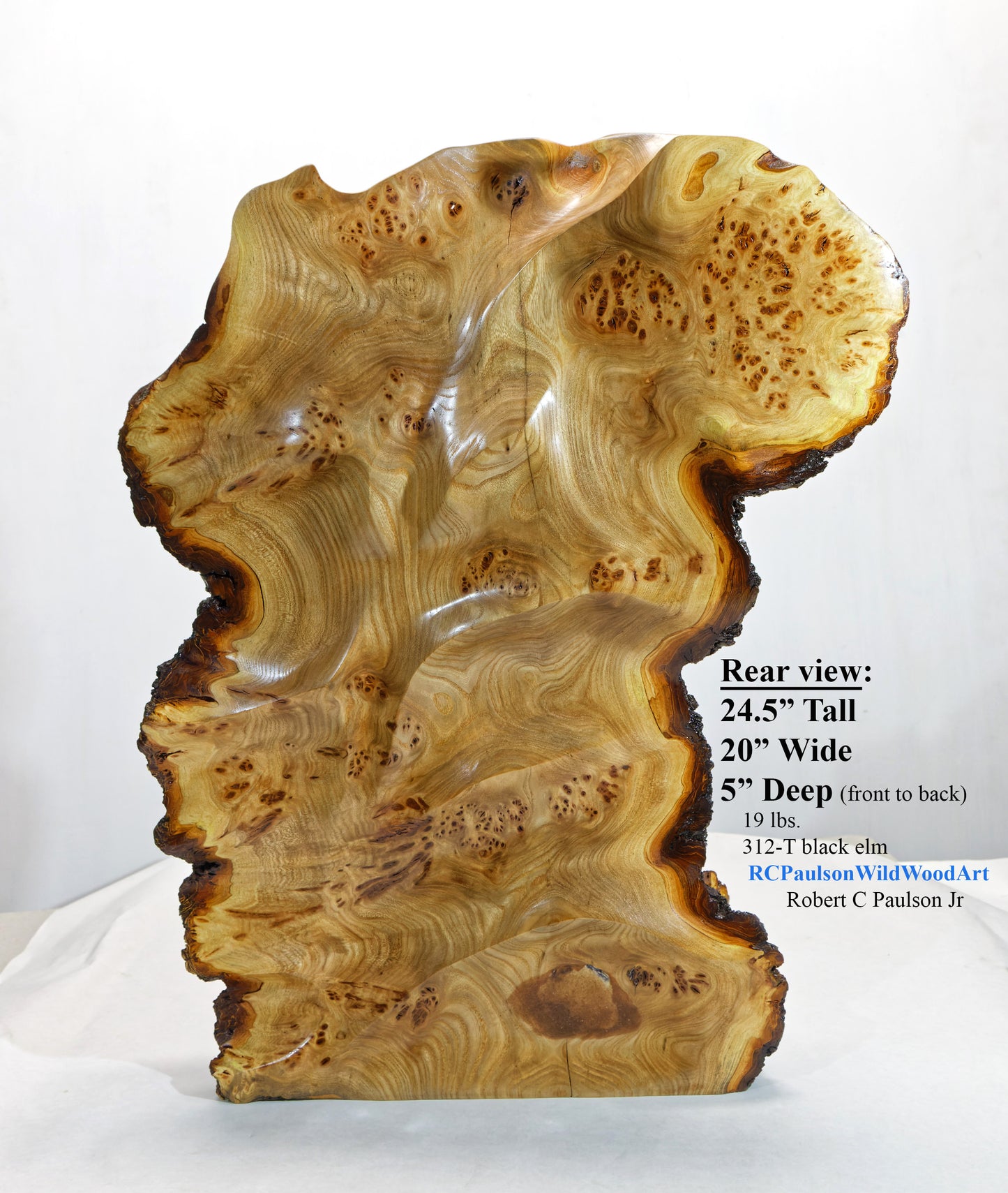 Colorful burl wood floor or tabletop sculpture, brown yellow maroon, live edge bark, 24.5 inch Tall x 5 D x 20 W, rich grain figuring, 312-T