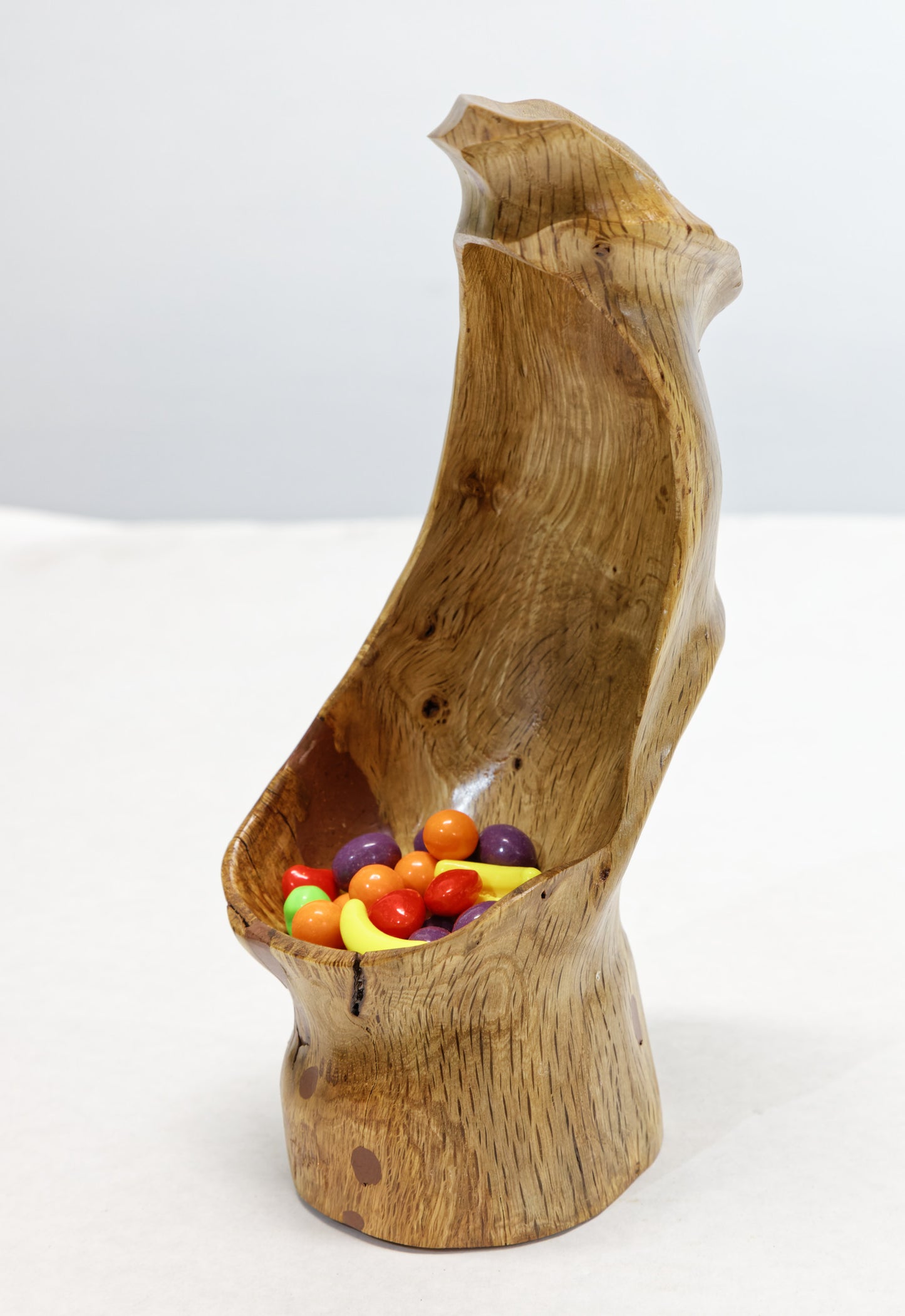 hook top mini bowl sculpture, Oregon white oak, ring catchall, 9 tall x 3.75 x 4'' wide, Wabi Sabi Wasabi, one-of-a-kind, asymmetric, 293-A