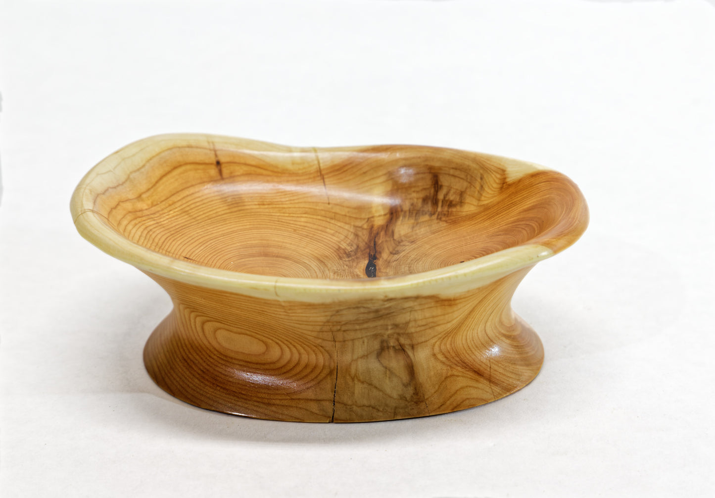 Mini unique wooden bowl sculpture, Pacific Yew, colorful, ring dishes, 5.2 in long x 3.6 wide x 1.8 tall, 4.6 oz, brown tan yellow, 315-B