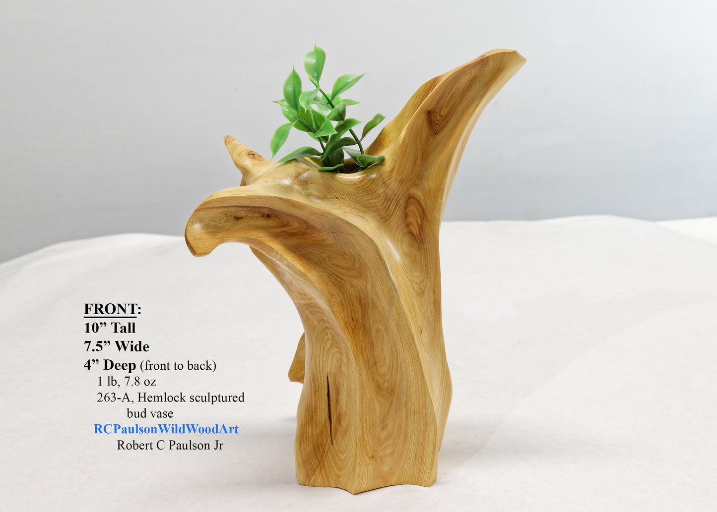 Winged & grooved wood bud vase sculpture golden tan, 10 inches tall x 7.5 x 4, 1 lb, 7.8 oz, rich grain patterns, 100% unique, 363-A