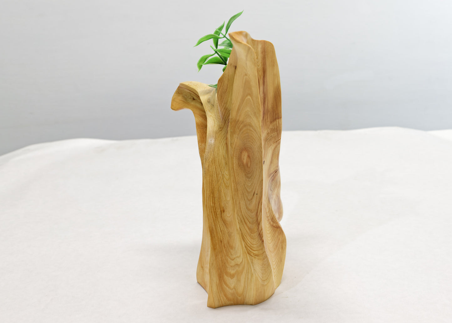 Winged & grooved wood bud vase sculpture golden tan, 10 inches tall x 7.5 x 4, 1 lb, 7.8 oz, rich grain patterns, 100% unique, 363-A