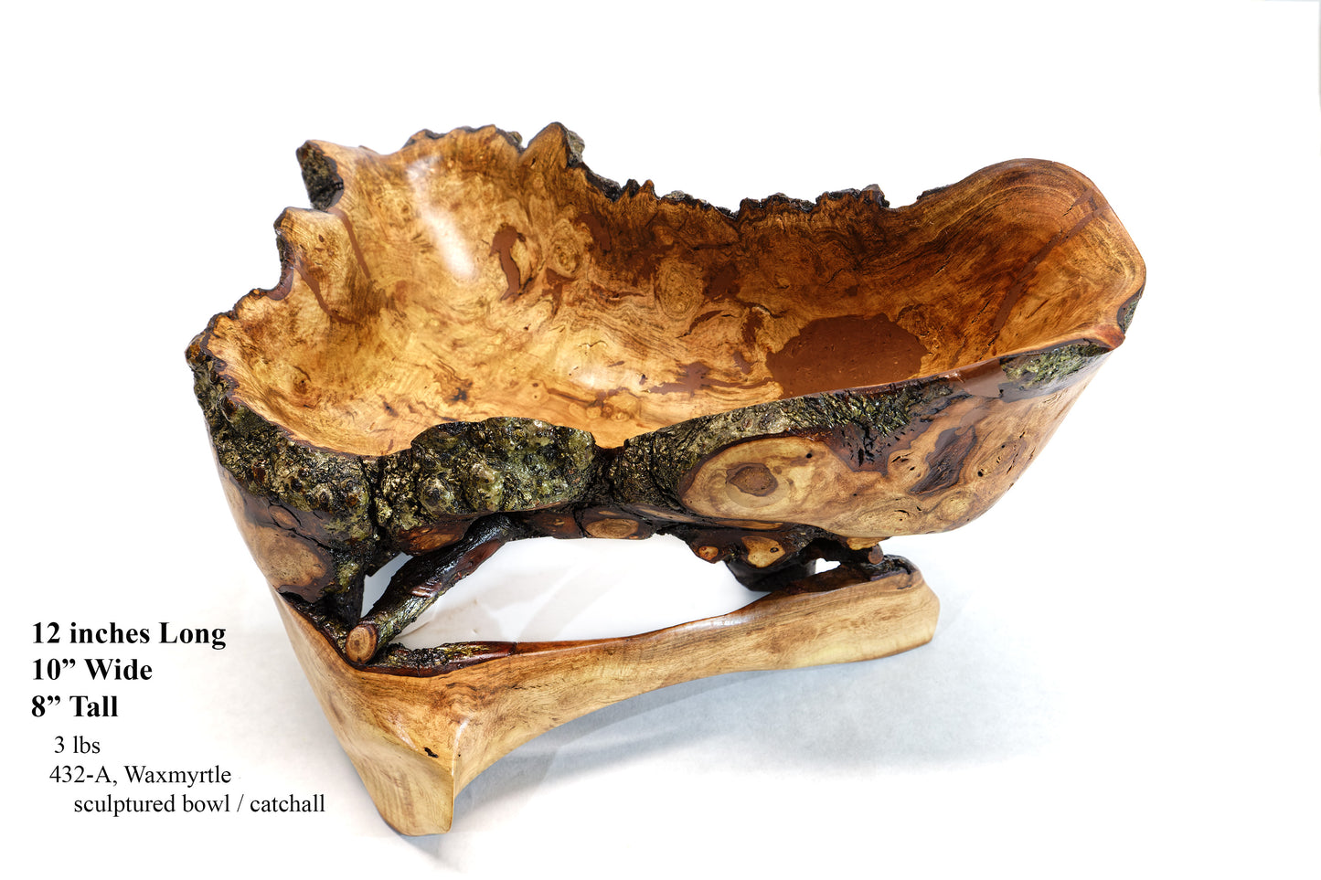 Rustic decorative wood bowl catchall tabletop sculpture, asymmetric decor, willow tree, live edge bark, 12" long x 10 x 8, Wabi Sabi, 432-A