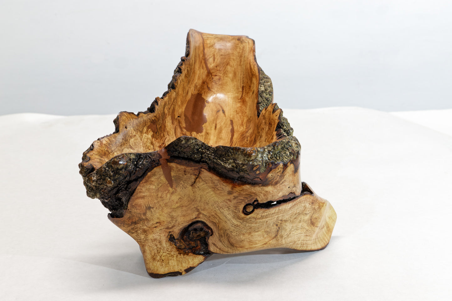Rustic decorative wood bowl catchall tabletop sculpture, asymmetric decor, willow tree, live edge bark, 12" long x 10 x 8, Wabi Sabi, 432-A