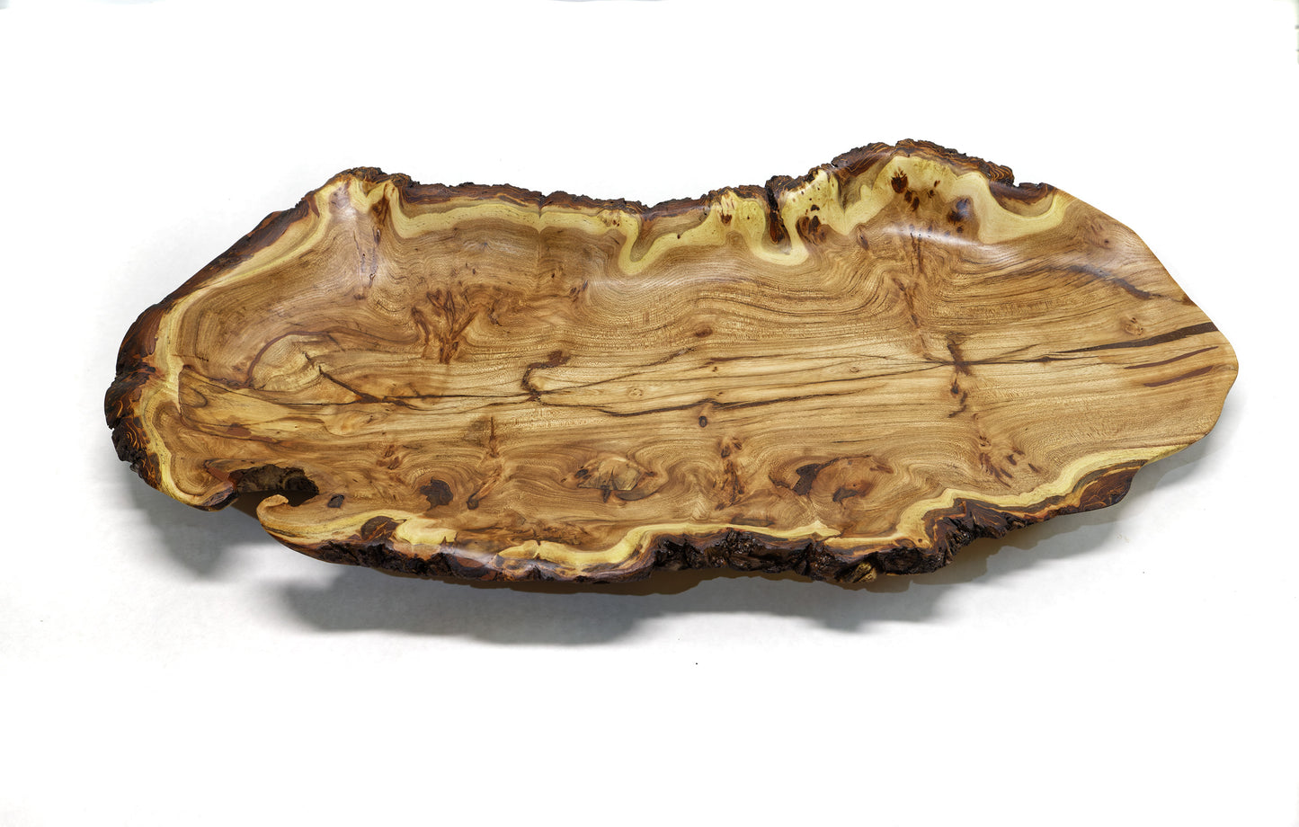 wood platter, wall hanging, tabletop sculpture, exotic burl, live edge bark, 2.5" tall x 24.5 long x 12.5 wide, 4 lbs, Wabi Sabi, 312-Y
