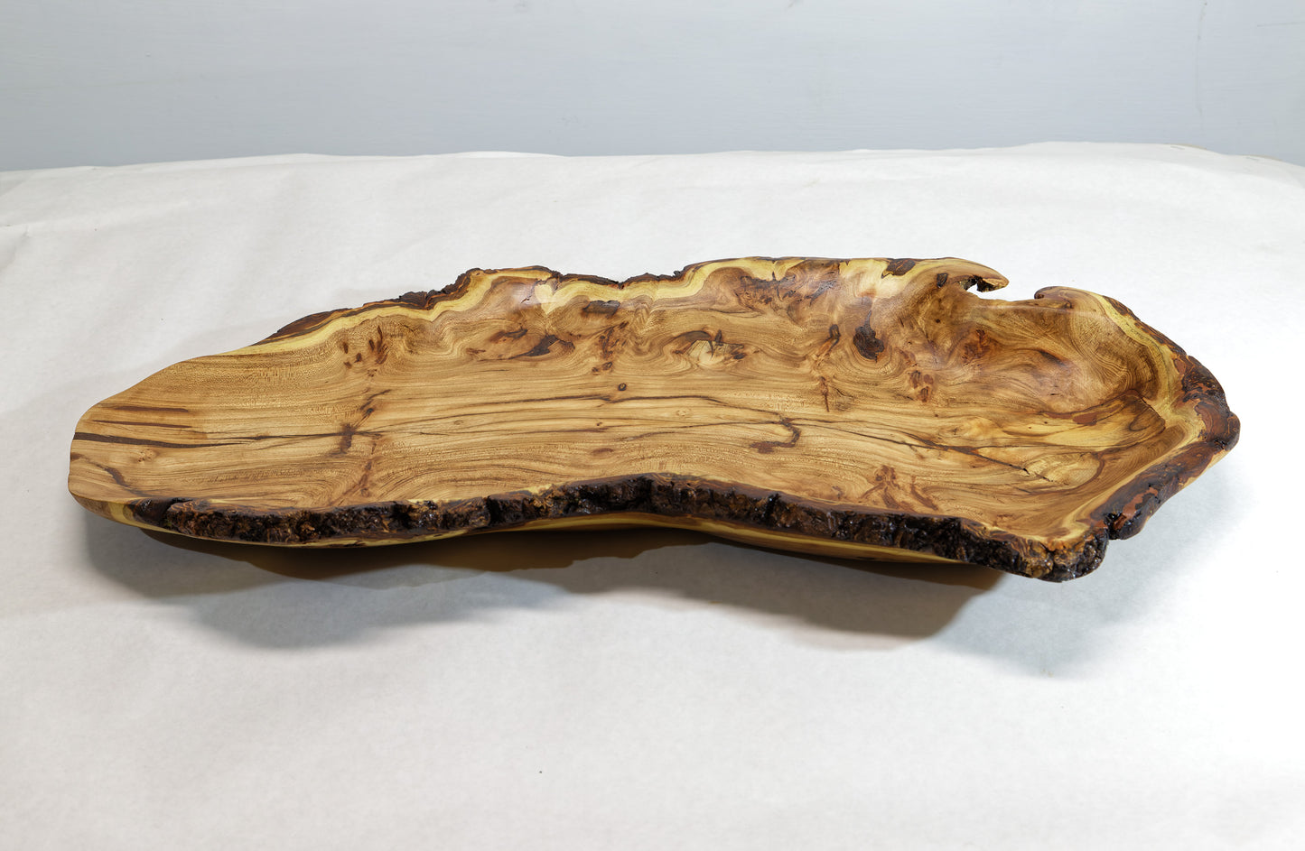 wood platter, wall hanging, tabletop sculpture, exotic burl, live edge bark, 2.5" tall x 24.5 long x 12.5 wide, 4 lbs, Wabi Sabi, 312-Y