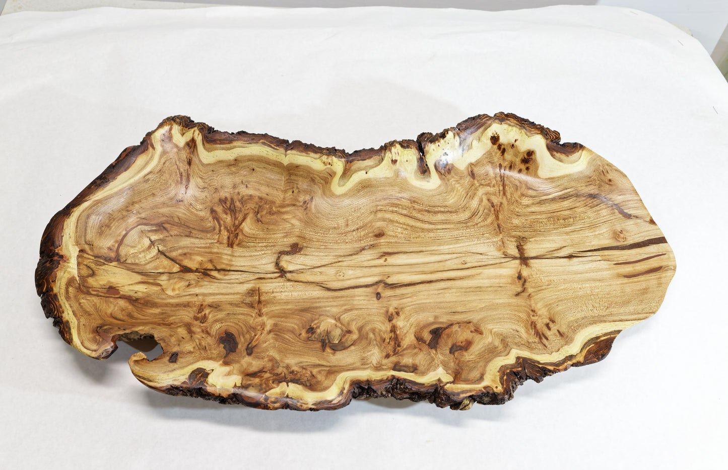 wood platter, wall hanging, tabletop sculpture, exotic burl, live edge bark, 2.5" tall x 24.5 long x 12.5 wide, 4 lbs, Wabi Sabi, 312-Y