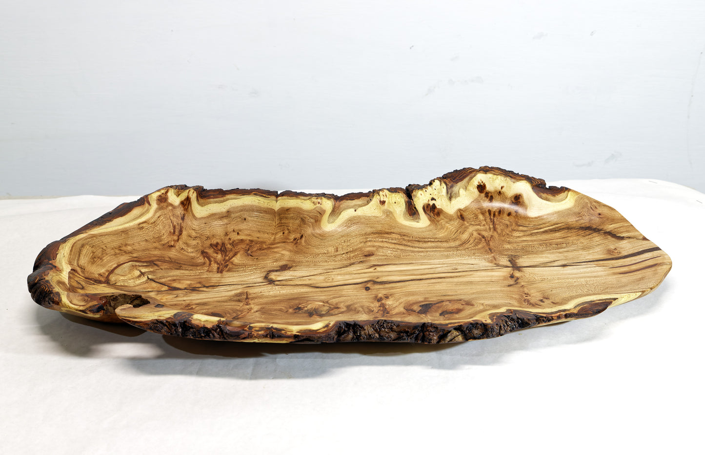 wood platter, wall hanging, tabletop sculpture, exotic burl, live edge bark, 2.5" tall x 24.5 long x 12.5 wide, 4 lbs, Wabi Sabi, 312-Y