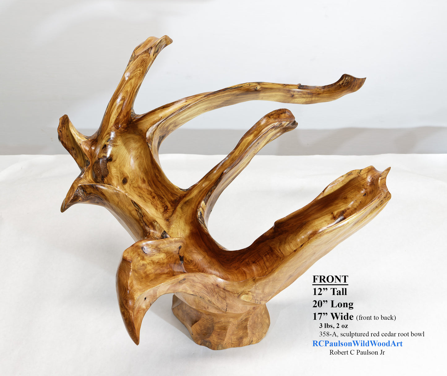 Exotic branching cedar bowl, unique twisted fancy wood, rustic decorative designer bowl, curves, 12 inch tall, 17 wide, 20 long, 3 lbs, 358-A
