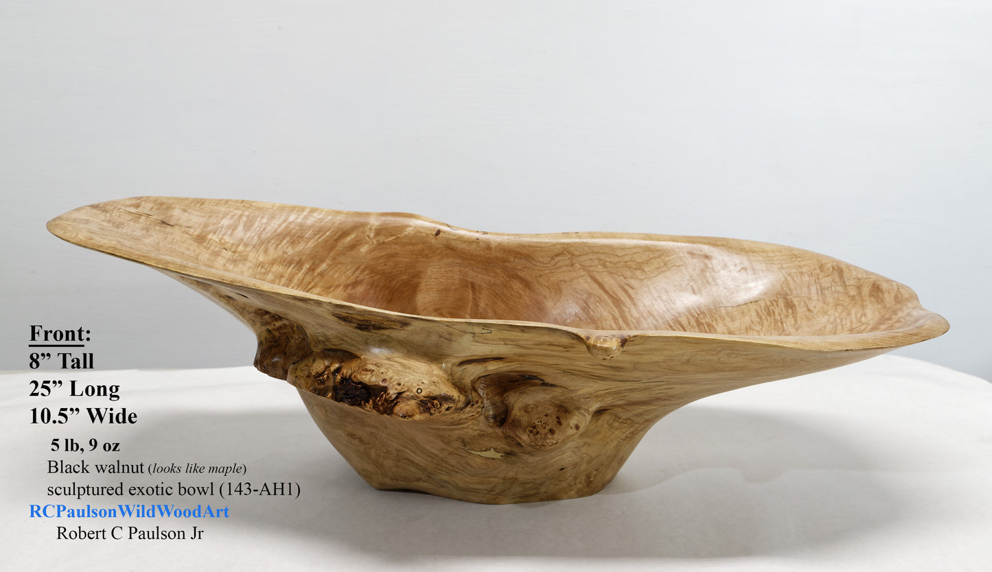 Wood bowl, large exotic bowl, walnut burl, figured fancy wood, designer bowl, best decor, curves, 8 inch tall, 10.5 wide, 25 long, 5 lbs, 9 oz, asymmetric