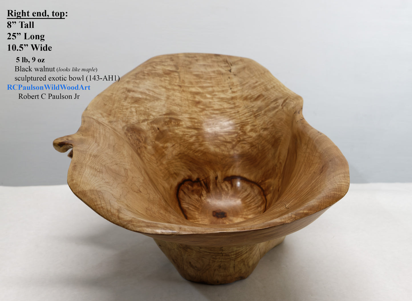 Wood bowl, large exotic bowl, walnut burl, figured fancy wood, designer bowl, best decor, curves, 8 inch tall, 10.5 wide, 25 long, 5 lbs, 9 oz, asymmetric