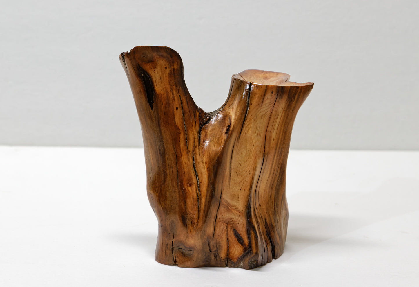 wood bud vase, 2-arm, sculpture golden brown & orange, rich grain patterns, 5.75 inches tall x 5" x 4", 100% unique, Ponderosa pine, 332-G