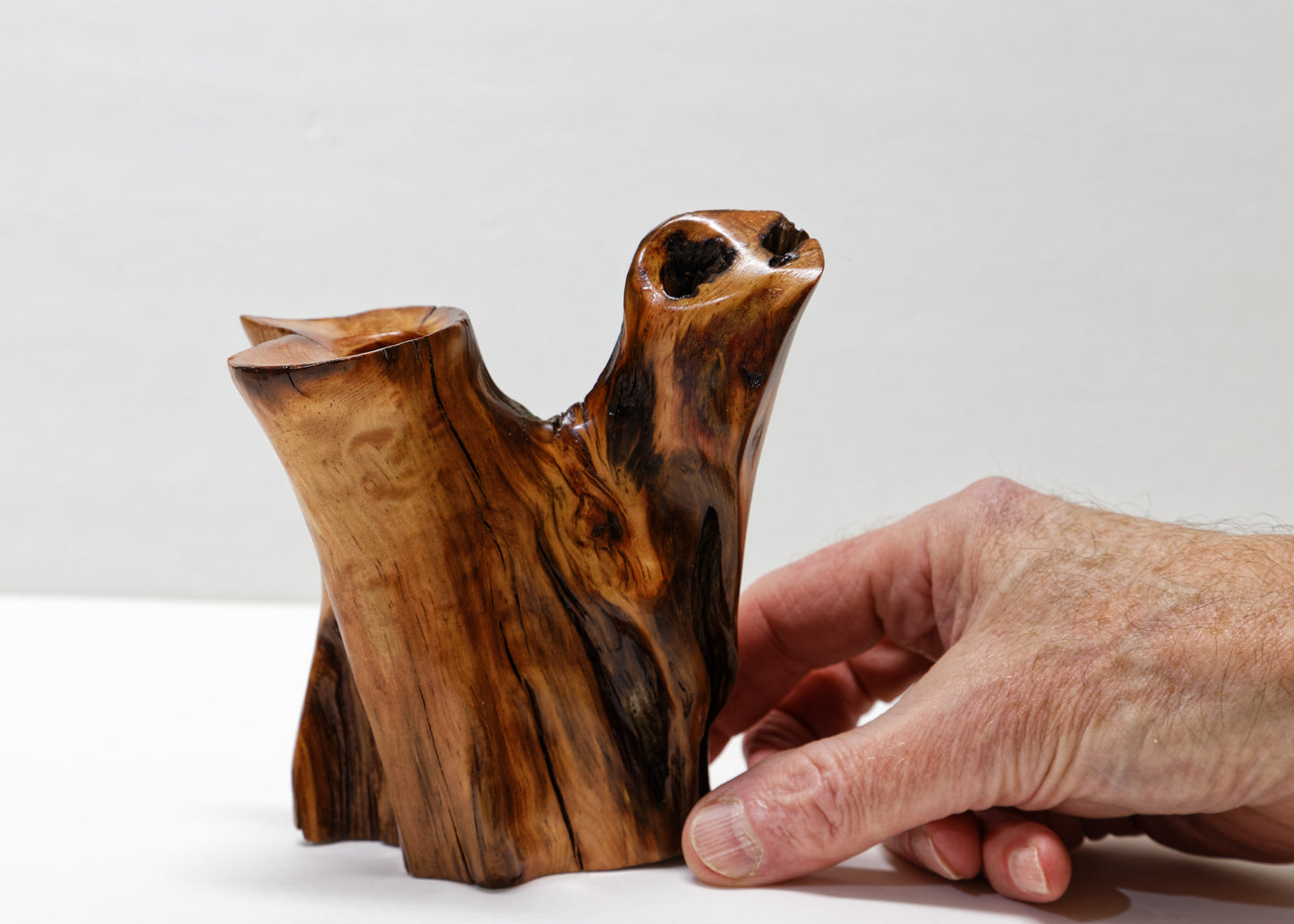 wood bud vase, 2-arm, sculpture golden brown & orange, rich grain patterns, 5.75 inches tall x 5" x 4", 100% unique, Ponderosa pine, 332-G