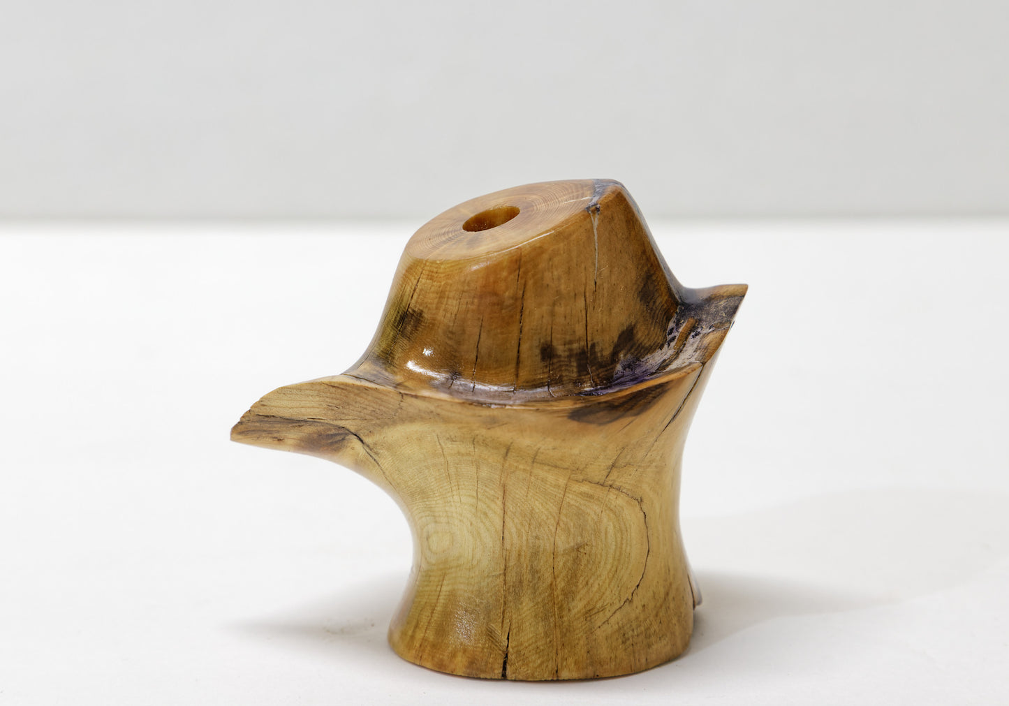 unique wood bud vase, tabletop sculpture, one-of-a-kind, 3 in. tall x 3.5 x 2.5, 4.4 oz, hole 2.5 deep x 0.8, upcycled, Wabi Sabi, 999-D