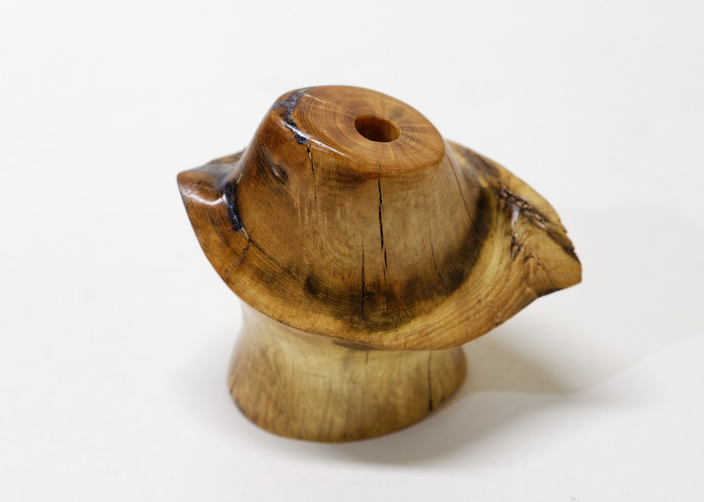 unique wood bud vase, tabletop sculpture, one-of-a-kind, 3 in. tall x 3.5 x 2.5, 4.4 oz, hole 2.5 deep x 0.8, upcycled, Wabi Sabi, 999-D