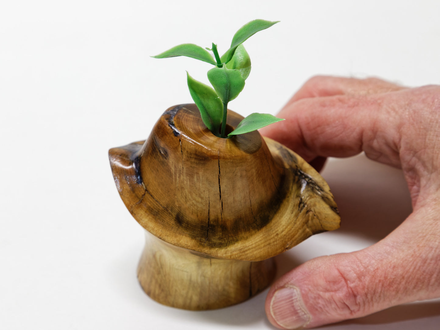 unique wood bud vase, tabletop sculpture, one-of-a-kind, 3 in. tall x 3.5 x 2.5, 4.4 oz, hole 2.5 deep x 0.8, upcycled, Wabi Sabi, 999-D