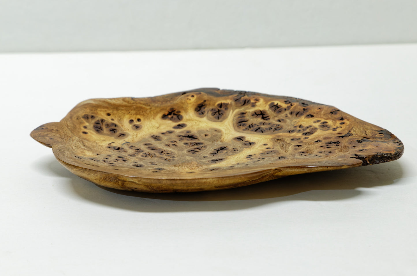 asymmetric wood platter, wall hanging, tabletop, Charcuterie, Cheese Serving Board, exotic, 312-ZG2 burl, 9.25" wide x 6.5 x 0.75 Tall, Wabi Sabi