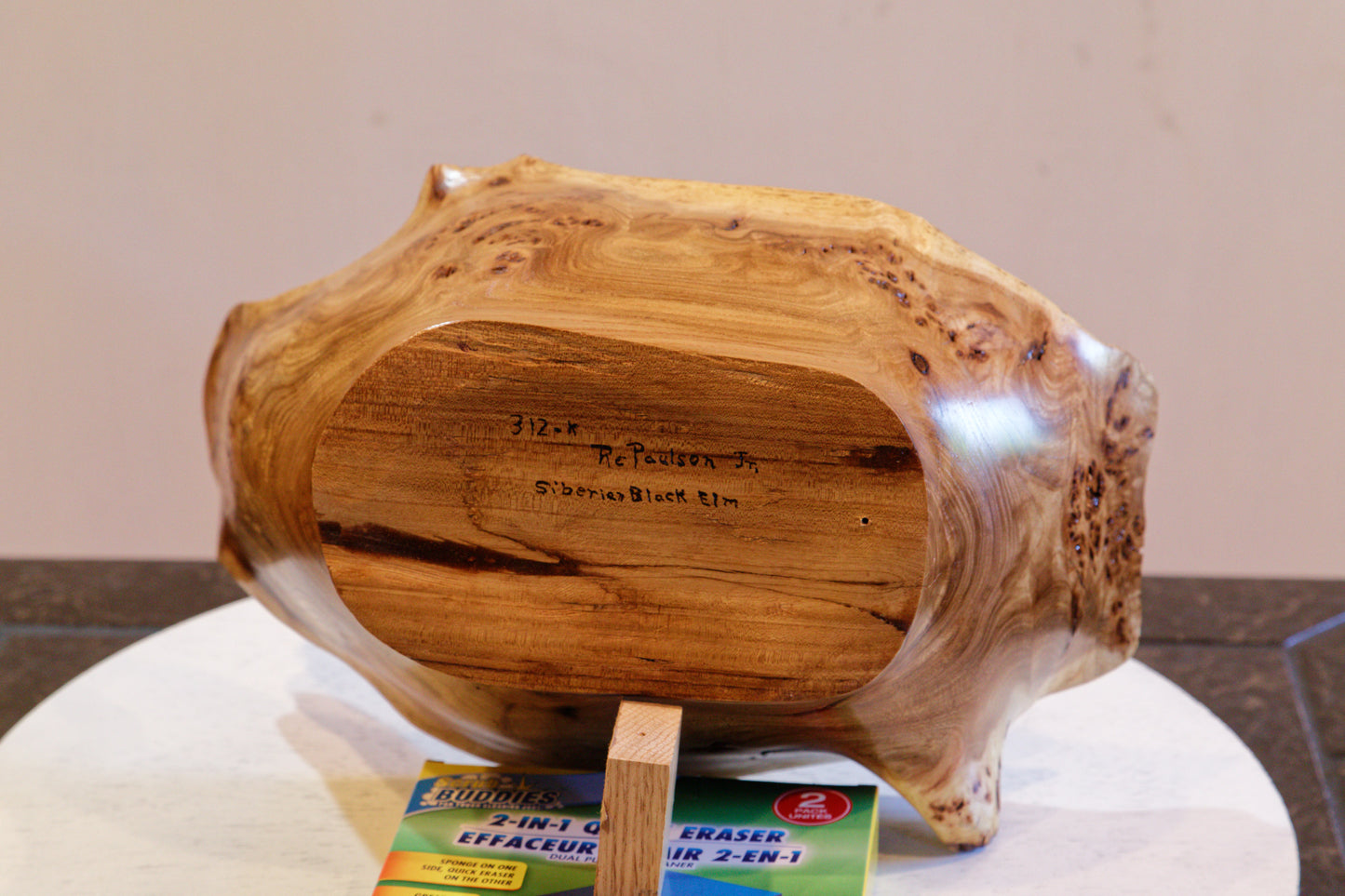 exotic Siberian black elm wood bowl with many burl grain patterns and a free flowing shape, live edge, 8.25 inches Tall x 14 long x 8.5, 3.0 lbs, 312-K