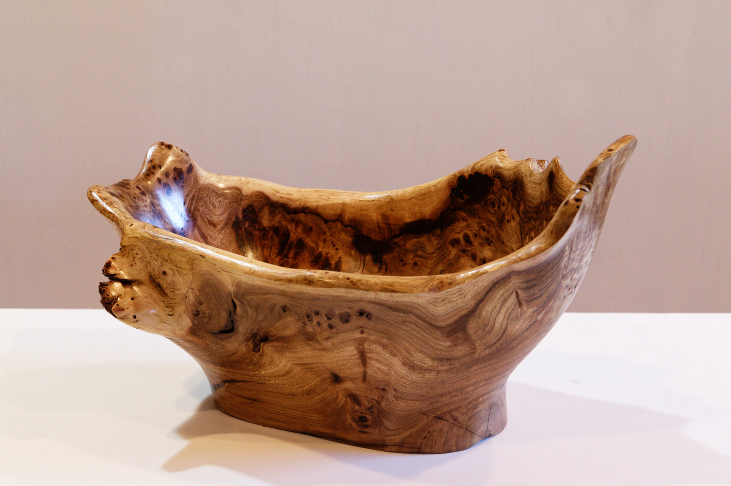 exotic Siberian black elm wood bowl with many burl grain patterns and a free flowing shape, live edge, 8.25 inches Tall x 14 long x 8.5, 3.0 lbs, 312-K