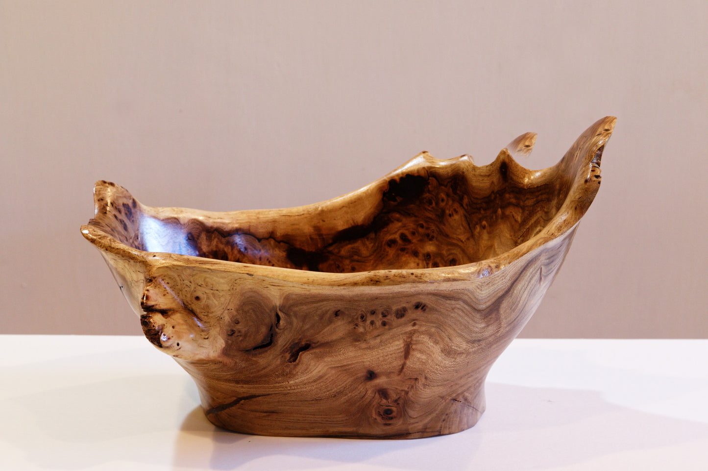 exotic Siberian black elm wood bowl with many burl grain patterns and a free flowing shape, live edge, 8.25 inches Tall x 14 long x 8.5, 3.0 lbs, 312-K