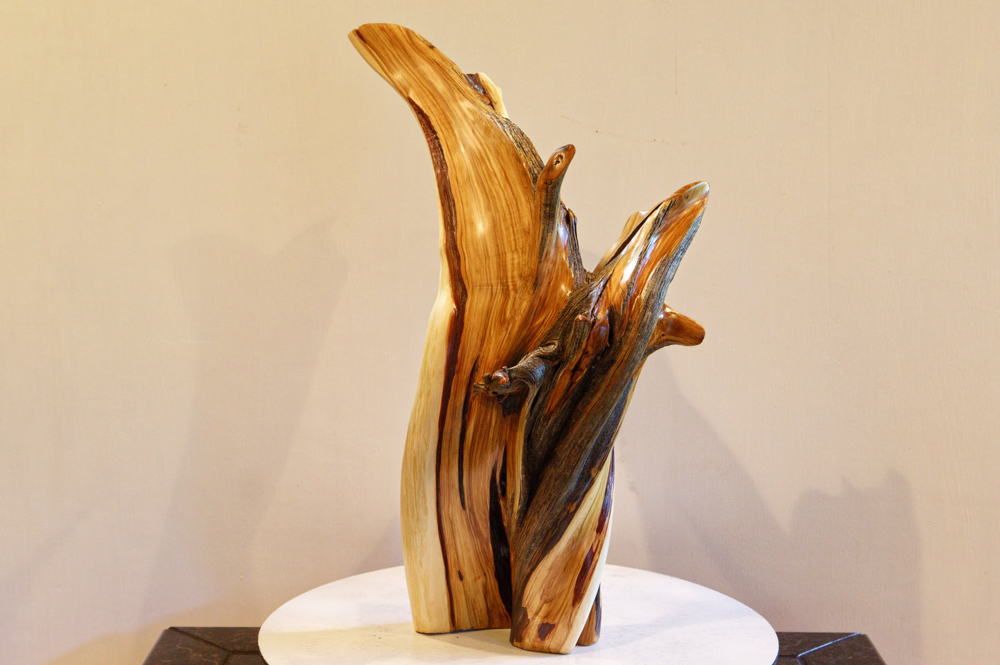 Irregular tabletop desktop wood sculpture, colorful grain, exotic graceful lines, crafted from fallen old growth juniper tree, 480-A
