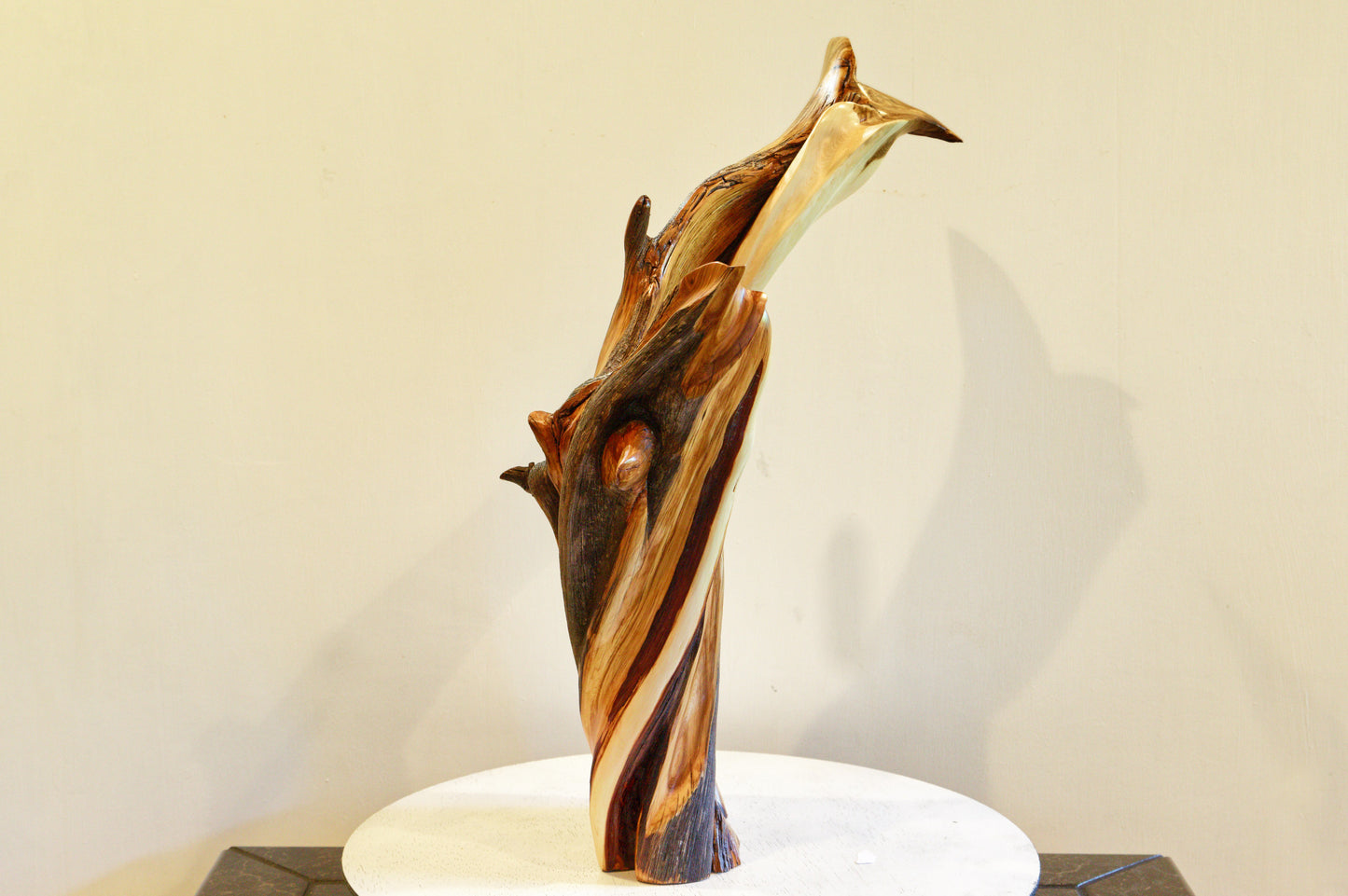 Irregular tabletop desktop wood sculpture, colorful grain, exotic graceful lines, crafted from fallen old growth juniper tree, 480-A