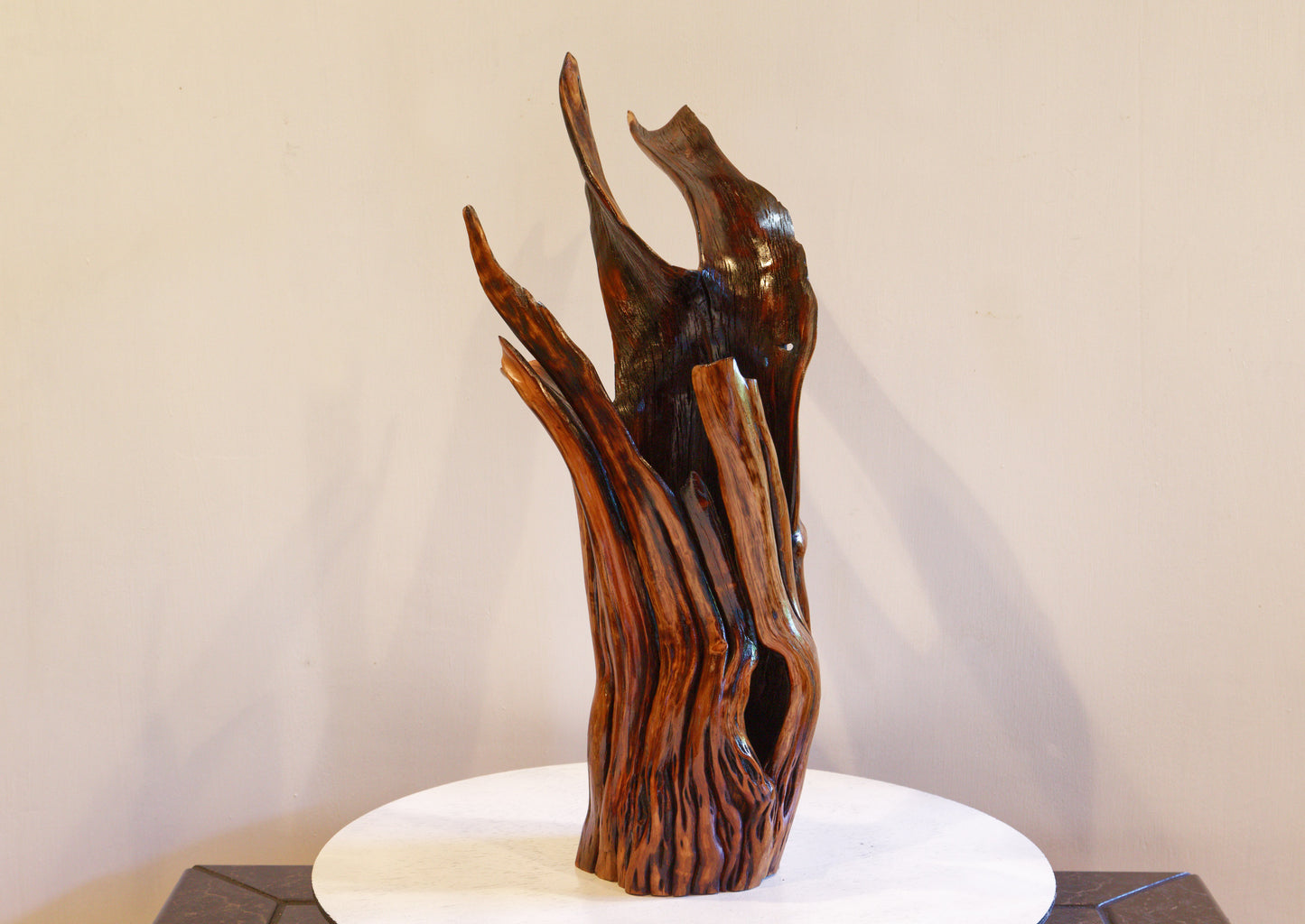 Rustic manzanita wood open vase, golden brown flared winged top with highly irregular shapes, from forest fire, 456-A