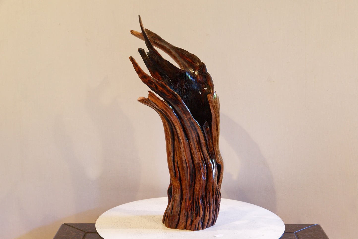 Rustic manzanita wood open vase, golden brown flared winged top with highly irregular shapes, from forest fire, 456-A