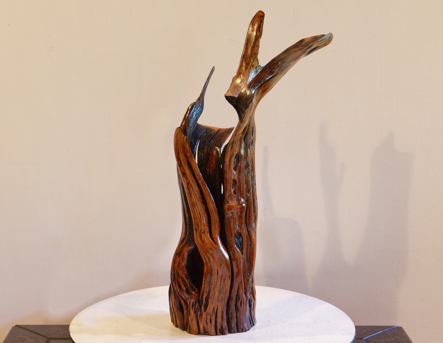 Rustic manzanita wood open vase, golden brown flared winged top with highly irregular shapes, from forest fire, 456-A