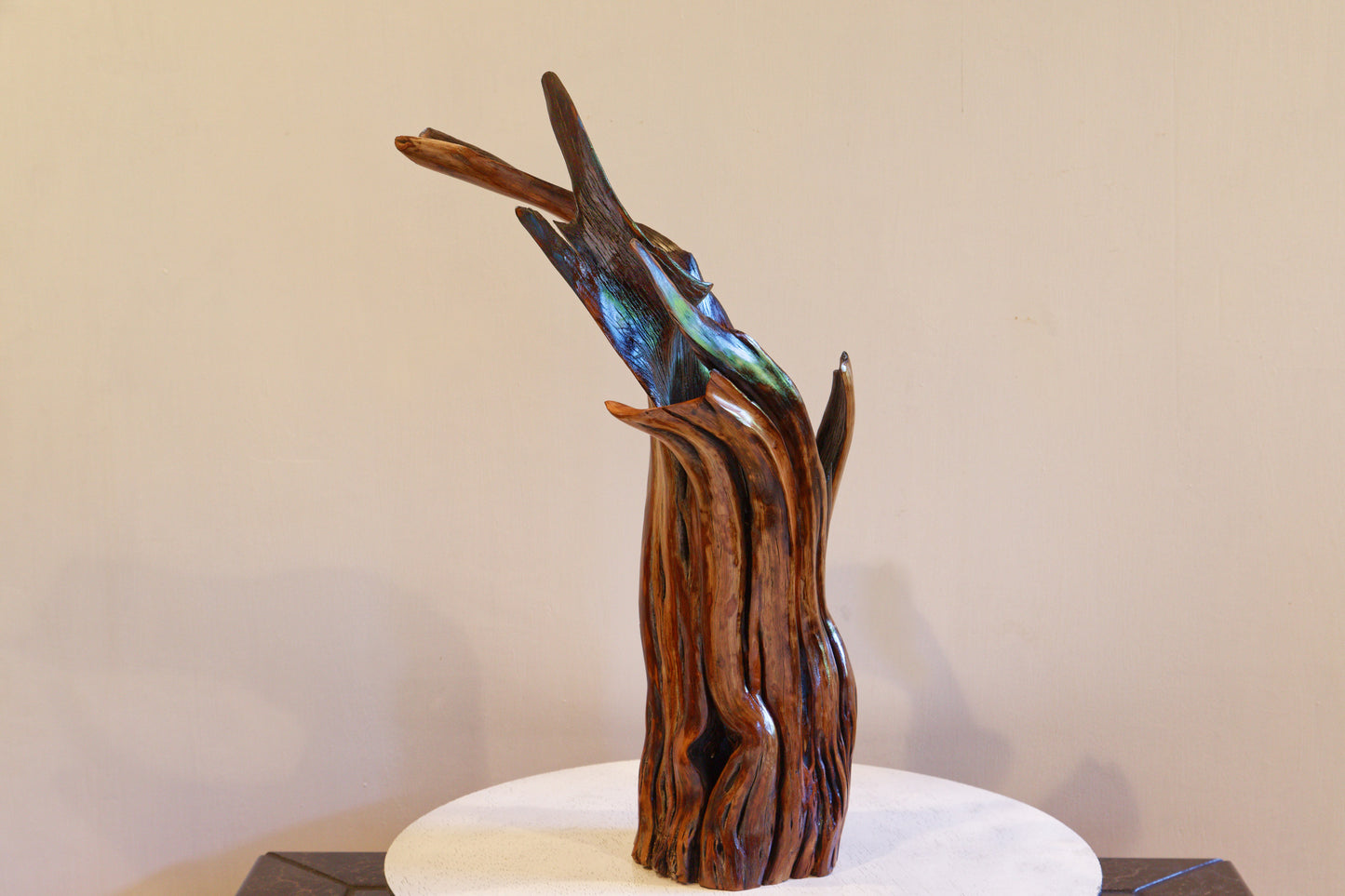 Rustic manzanita wood open vase, golden brown flared winged top with highly irregular shapes, from forest fire, 456-A