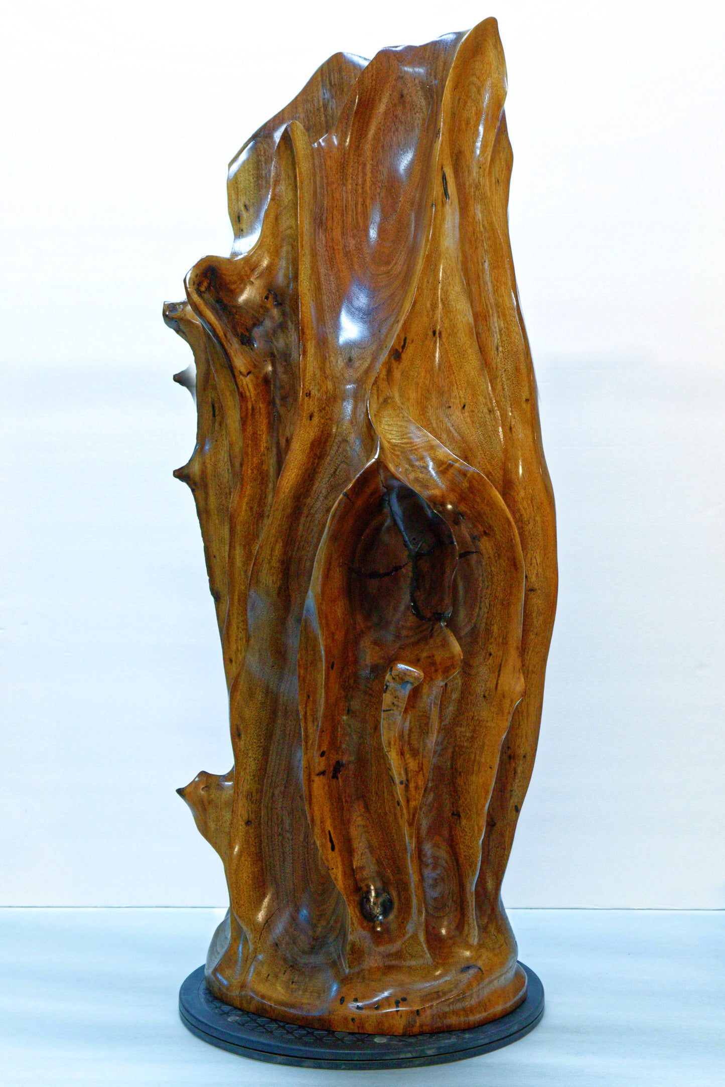 Front view of a beautiful brown tabletop and floor wooden sculpture 31.5" tall created from black Walnut wood. It has freeform flowing lines showing amazing wood grain. The wood was rescued from a 24 inch diameter tree that died and fell in an Oregon winter storm.