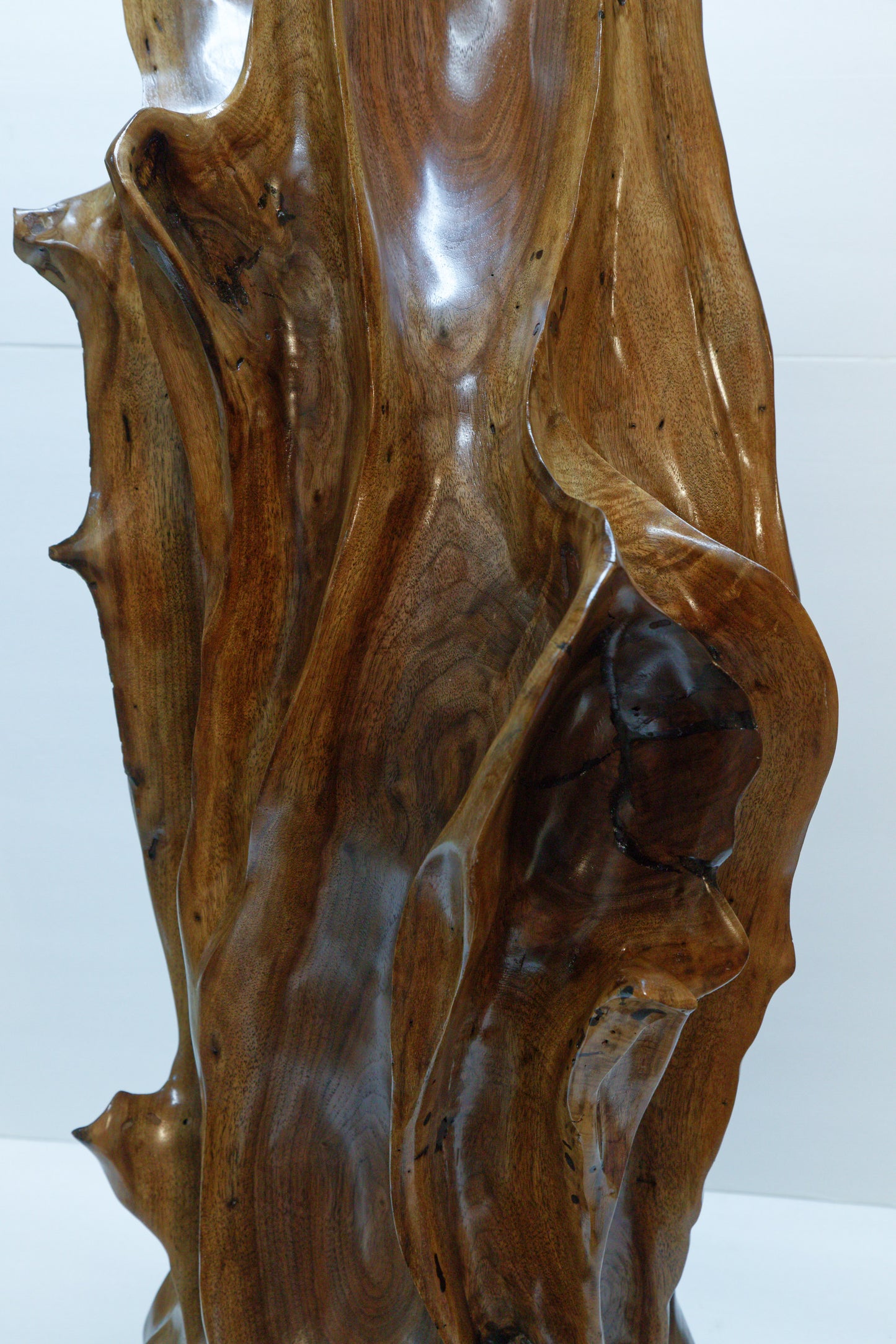 Close up view of the knots and swirls on a beautiful brown tabletop and floor wooden sculpture 31.5" tall created from black Walnut wood. It has freeform flowing lines showing amazing wood grain. The wood was rescued from a 24 inch diameter tree that died and fell in an Oregon winter storm.