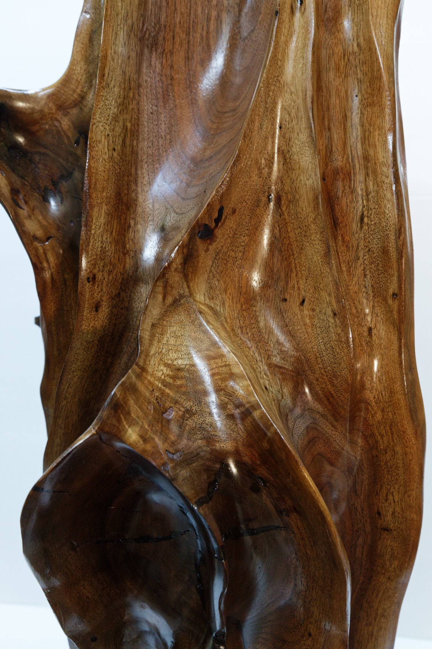 Close up view of the knots and swirls on a beautiful brown tabletop and floor wooden sculpture 31.5" tall created from black Walnut wood. It has freeform flowing lines showing amazing wood grain. The wood was rescued from a 24 inch diameter tree that died and fell in an Oregon winter storm.