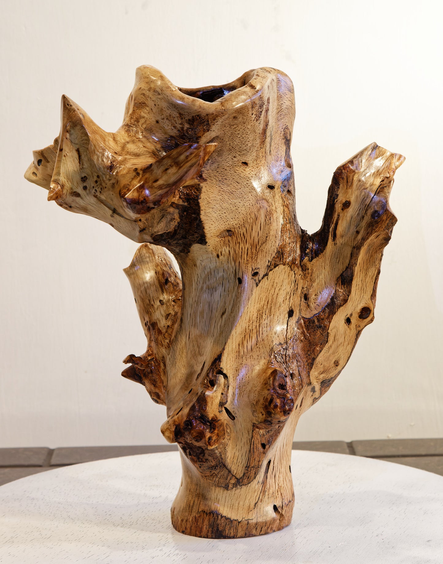 oak flower vase wood sculpture, 15 inch, Wabi Sabi, natural, insect markings, multi-branched, rustic but smooth, one of a kind, Wabi Sabi, natural insect markings, refined rustic, 311-C1