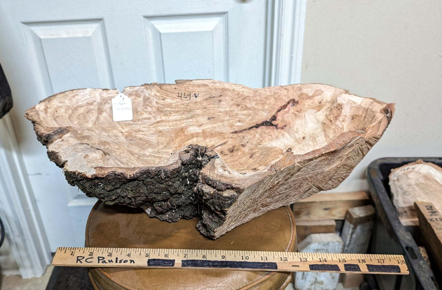 Figured maple bowl, Wood, type of item, 5.25 tall x 21.75 x 16'', 6.6 lbs, Wabi Sabi Wasabi wabi-sabi one-of-a-kind, asymmetric, upcycled – 469-V1
