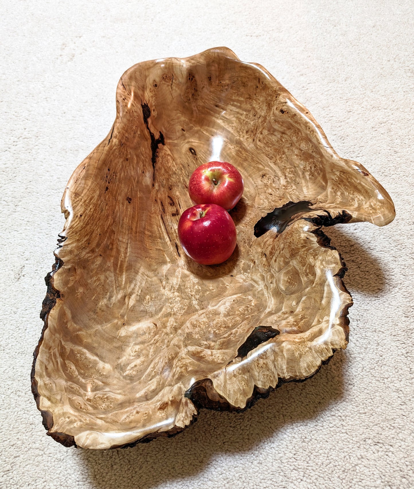 Figured maple bowl, Wood, type of item, 5.25 tall x 21.75 x 16'', 6.6 lbs, Wabi Sabi Wasabi wabi-sabi one-of-a-kind, asymmetric, upcycled – 469-V1