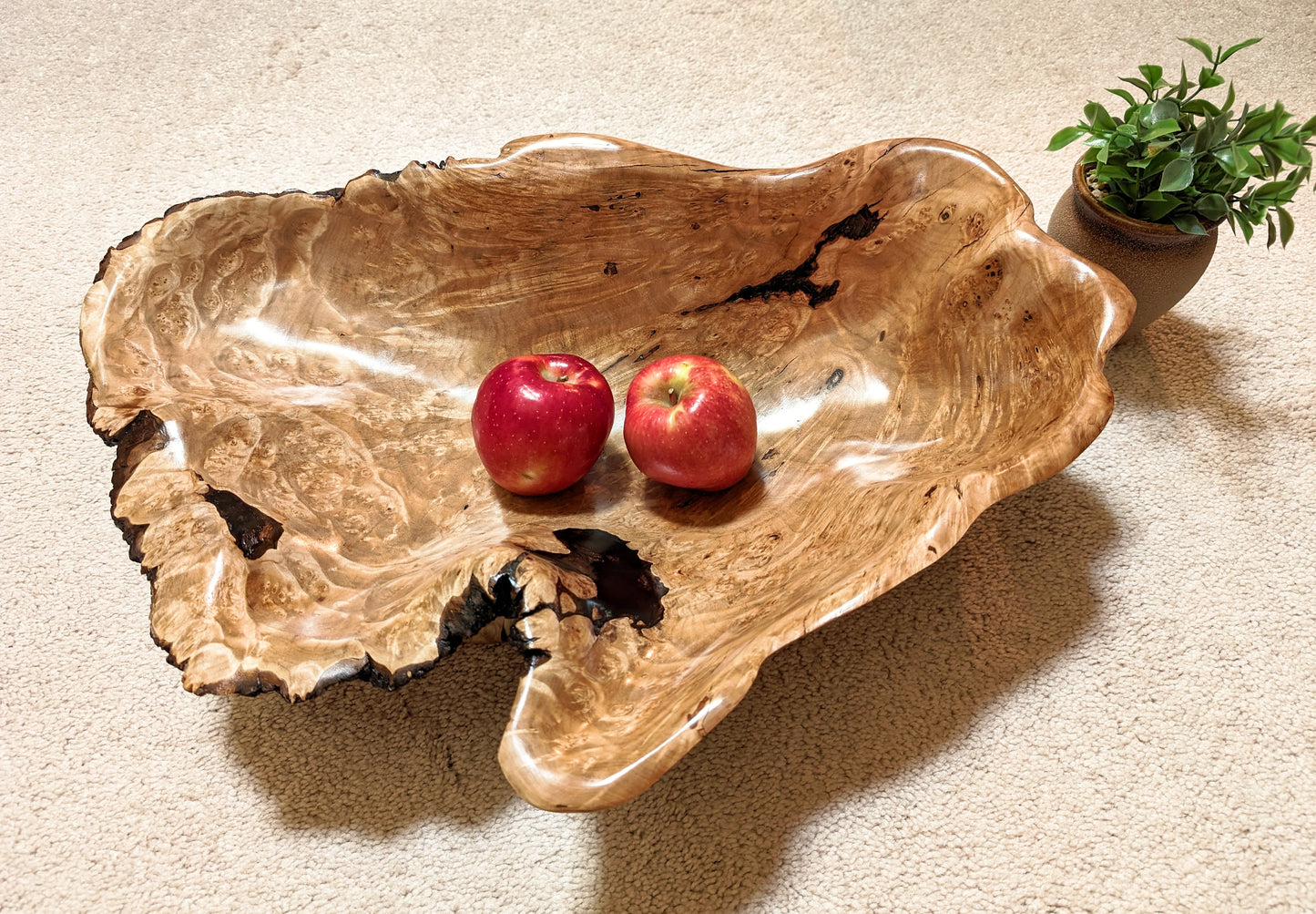 Figured maple bowl, Wood, type of item, 5.25 tall x 21.75 x 16'', 6.6 lbs, Wabi Sabi Wasabi wabi-sabi one-of-a-kind, asymmetric, upcycled – 469-V1