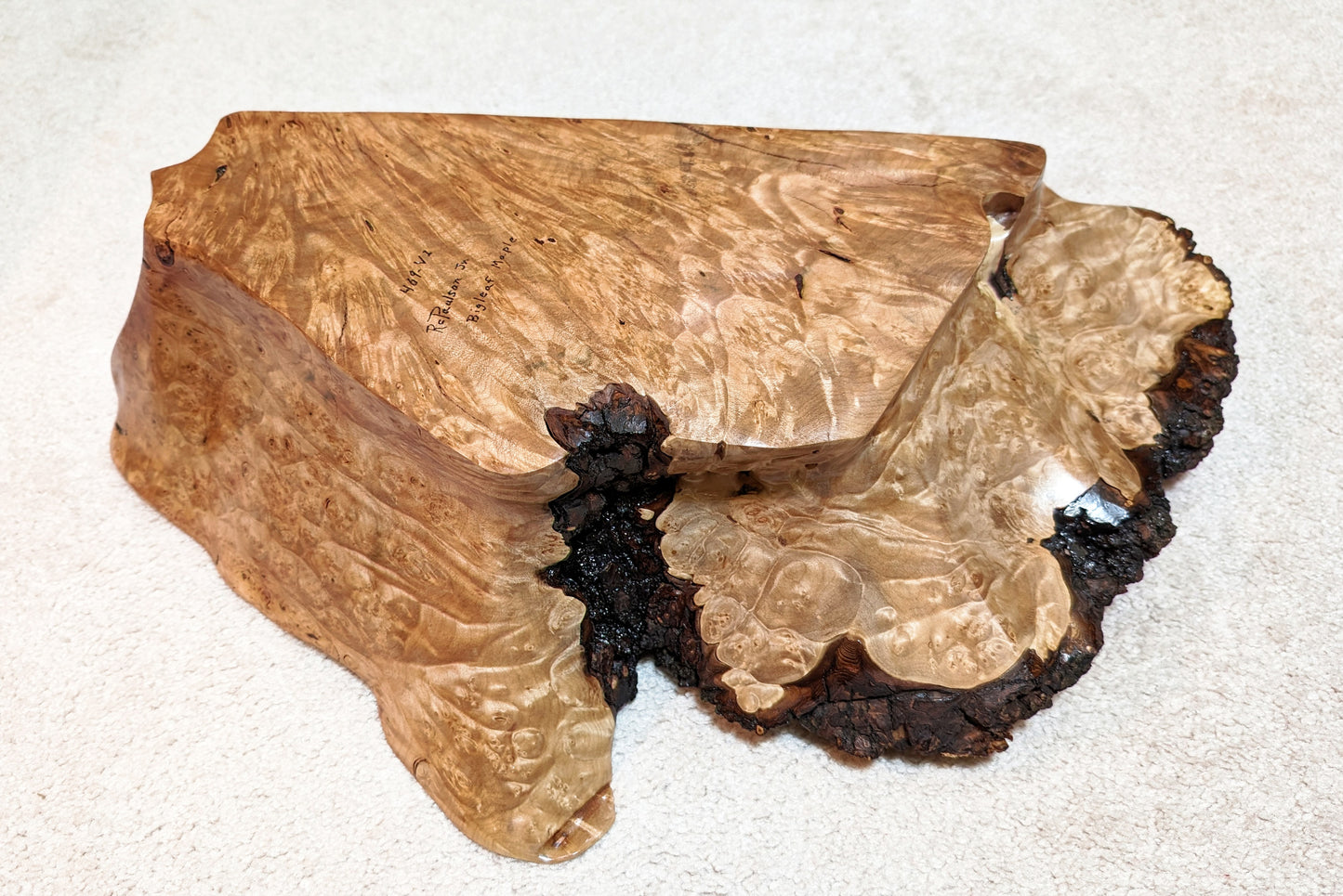 Figured maple bowl, Wood, type of item, 5.25 tall x 21.75 x 16'', 6.6 lbs, Wabi Sabi Wasabi wabi-sabi one-of-a-kind, asymmetric, upcycled – 469-V1