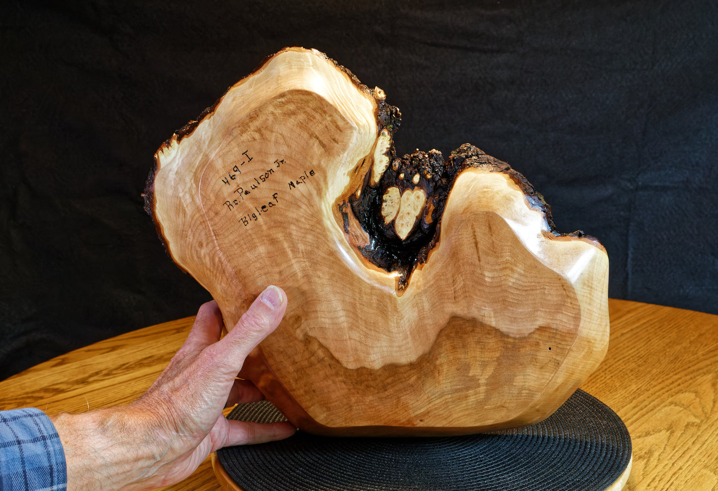 figured maple bowl, Wood, type of item, 16.25 x 11.25 x 3'', 2.6 lbs, Wabi Sabi Wasabi wabi-sabi one-of-a-kind, asymmetric, upcycled, 469-I