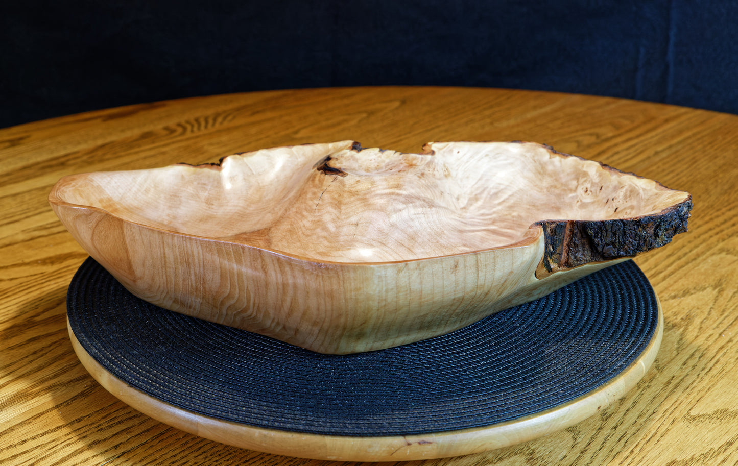 figured maple bowl, Wood, type of item, 16.25 x 11.25 x 3'', 2.6 lbs, Wabi Sabi Wasabi wabi-sabi one-of-a-kind, asymmetric, upcycled, 469-I