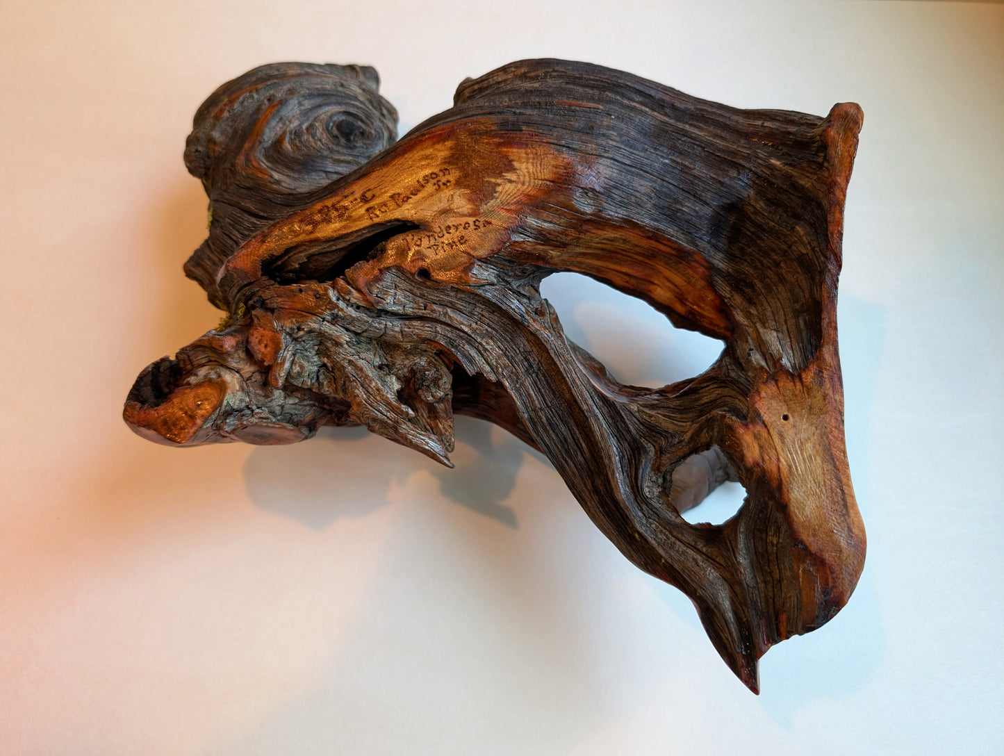 rustic weathered natural wood tabletop sculpture / vase, Ponderosa pine, lichens, 5 tall x 13 x 9’’, 2.9 lbs., Wabi Sabi one-of-a-kind, 385-C