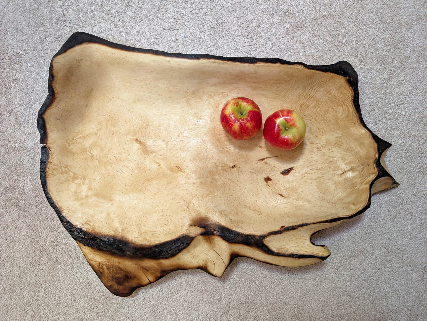 wooden serving tray platter, forest fire-scarred, Ponderosa pine 200+ yr old growth tree, live edge, irregular, natural tan brown, rich grain, 6"T x 28.5", one-of-a-kind, 607-B